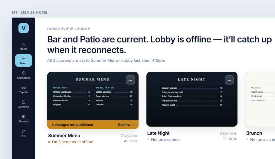 VennuSign Menus Home screen showing screen status and publish state