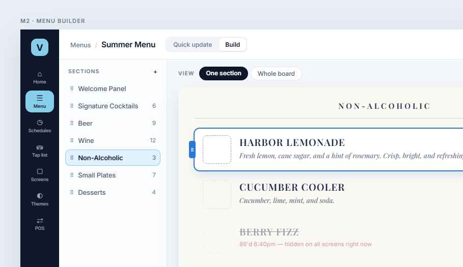 VennuSign Menu Builder screen for editing sections and items