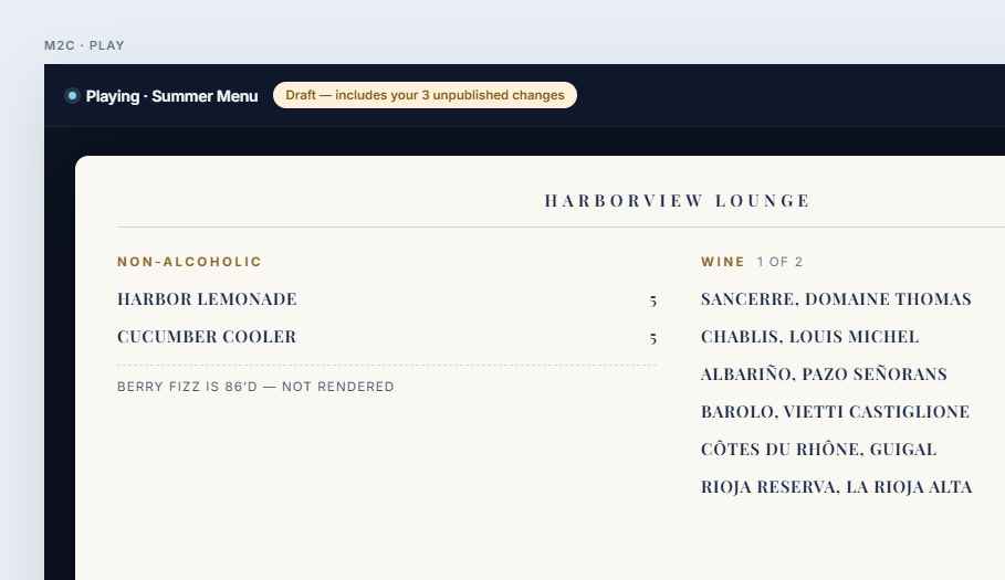 VennuSign live board preview showing a published menu